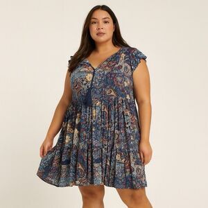 Knox Rose Plus Size XXL Dress Floral Short Sleeve V-Neck Cottagecore Tassel